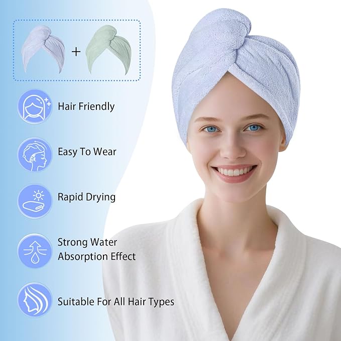 Microfiber Hair Drying Towel Wrap for Women, Hair Turbans Towel for Wet Hair,turbie Twist Hair Towels(The Color of the Picture is for Reference only) (Blue,Light Green)