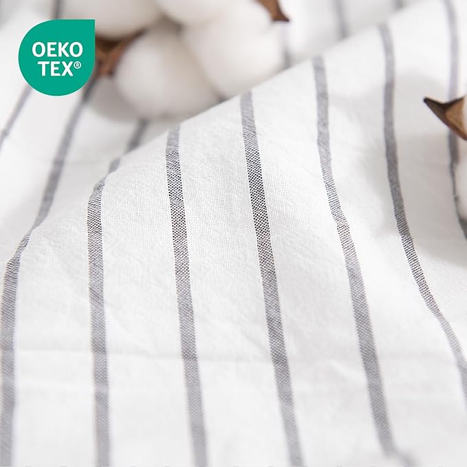 NEXHOME PRO Striped Duvet Cover Queen Size,100% Washed Cotton Bedding Set,Textured Linen Feel,Breathable,Organic,3 Piece(Grey Stripes 90x90)