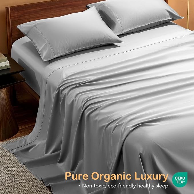 SONORO KATE 100% Organic Cotton Sheets Set - 1000 High Thread Count, GOTS Certified Long Staple Cotton Bed Sheets, Soft, Breathable 5-Star Hotel Sheets, 16" Deep Pockets - 4 PC (Grey,Queen)