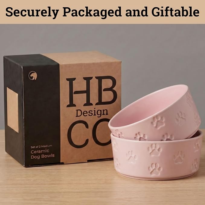 Ceramic Dog Bowl Set of 2 with Anti-Skid Base - 6.5" Wide x 2.5" Tall Ceramic Dog Bowls Medium Sized Dogs - 3.8 Cup Capacity Food and Water Bowls for Dogs - Rubber Bottom Pet Bowl Set of 2 Medium Size