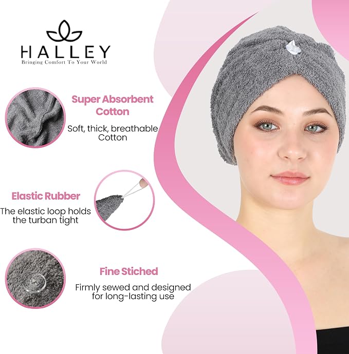 HALLEY Cotton Hair Towel Wrap (3 Packs) Super Absorbent Fast Drying Turbans for Wet Thick Hair with Button (Grey)