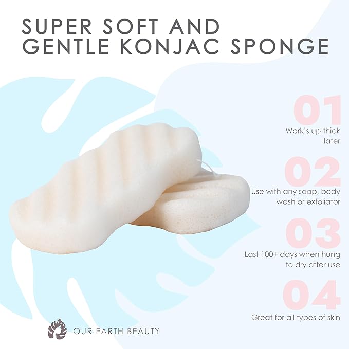 Konjac Sponge Body (2 Pack) | Microplastic Free Soft Plant Based Vegan Fiber | Sustainable | 100% Natural + Non-Toxic | Biodegradable | Eco-Friendly | Plastic Free Packaging