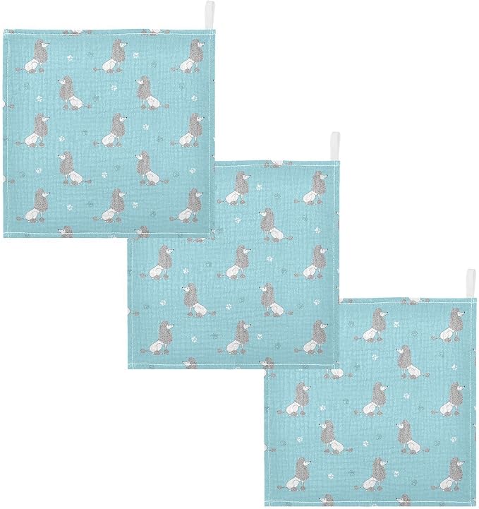 Baby Cute Poodles Dog Msulin Washcloths Newborn Face Towel - Baby Muslin Burp Cloths 5 Pack Soft Absorbent Natural Cotton Wash Towel 11.8"X11.8" Baby Bath Towels Wipes