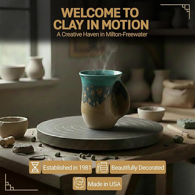 Clay in Motion Hand Warmer Coffee Mug – Handmade Coffee Mug With Comfortable Handle Contoured Pocket Hand Warming Ceramic Coffee Mug – Proudly Made in USA – Right Handed – 14 Oz - Island Oasis
