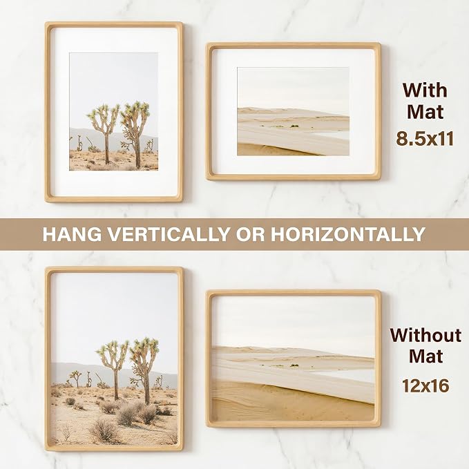 12x16 Picture Frame, USA-Sourced Beech Wood Photo Frames with HD Tempered Glass, Handcrafted Rounded Corner 12 x 16 Wooden Frames Matted to 8.5x11 Photos, Horizontal or Vertical Wall Display