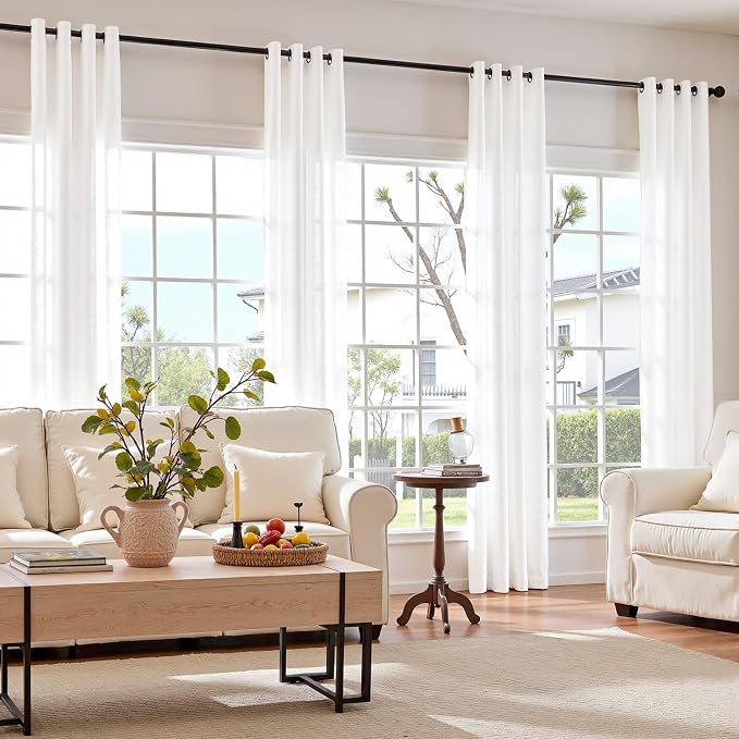 jinchan White Linen Curtains 108 Inches Long for Living Room Extra Long Grommet Curtains Neutral Farmhouse Light Filtering Semi Sheer Linen Drapes Ceiling to Floor for Large Window 9 FT 2 Panels