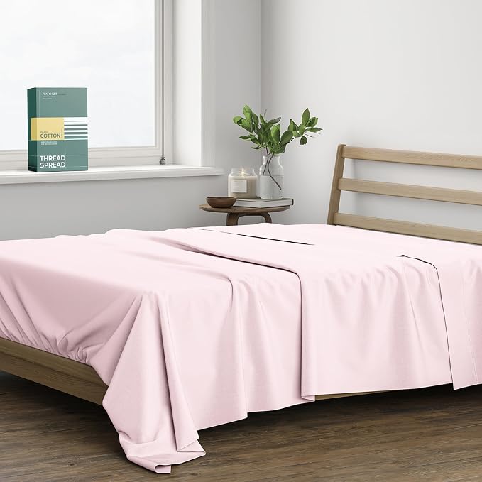 THREAD SPREAD 100% Organic Cotton Flat Sheet Queen Size - Percale Weave Cotton Flat Sheet Only (1 PC, Blush), Crisp, Cool, Strong & Breathable Lightweight Bed Linen Top Sheets, GOTS Certified Sheets