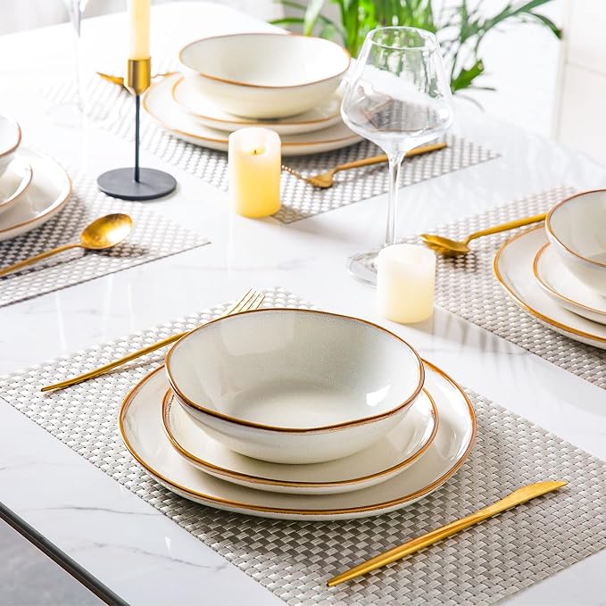 AmorArc 24PCS Ceramic Dinnerware Sets,Handmade Reactive Glaze Plates and Bowls Sets,Highly Chip and Crack Resistant | Dishwasher & Microwave Safe Dishes Set, Service for 6