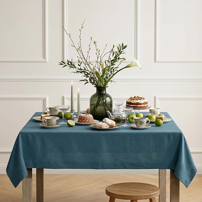 Solino Home Linen Tablecloth for Rectangle Tables 60 x 108 Inch - 100% Pure Linen Peacock Blue Table Cloth - Fete, Machine Washable Cloth Tablecloth