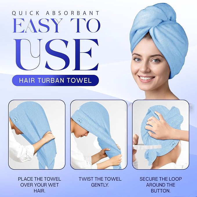 Lili&James Cotton Hair Towel Wrap for Women/Kids | Quick Dry, Soft & Absorbent Hair Wrap Towels with Double Button (Pack of 1, Blue Large)