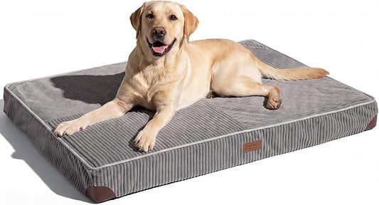 FUKUMARU Dog Bed, Thickened Corduroy Orthopedic Dog Beds with Washable Cover, Large Waterproof Dogs Bed for Crate, 28D Egg Crate Foam Support Pet Mat, Cozy Pet Bed Pad with Anti-Slip Bottom, Grey