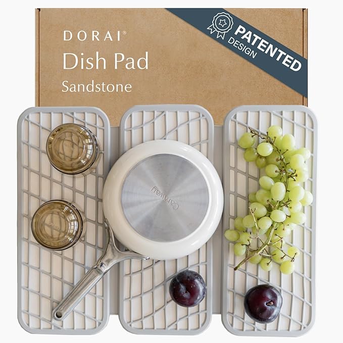 Dorai Home Dish Pad - Collapsable Stone Dish Drying Mat with Diatomaceous Earth for Quick Drying - Ultra Absorbent - Encased in Silicone - Eco-Friendly, Foldable - Original 19.9"x15.2" Sandstone