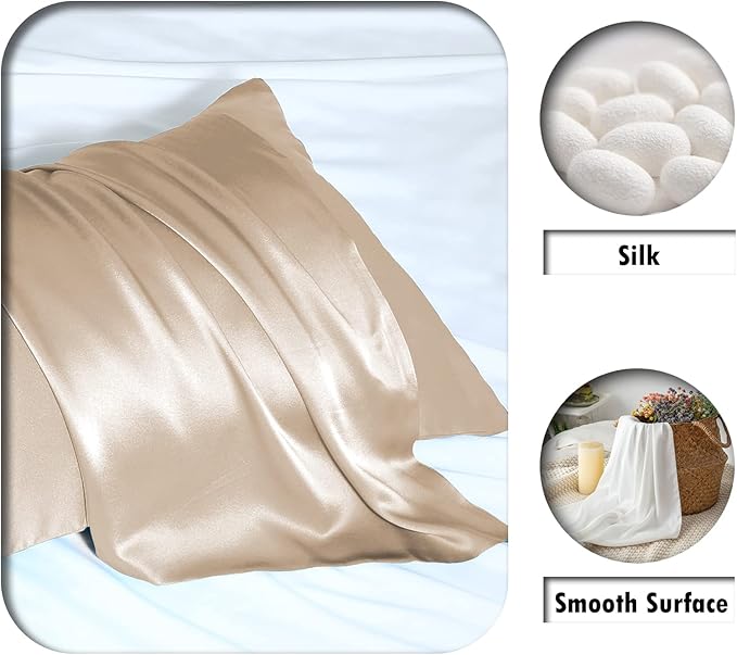 Silk Pillow Cases 2 Pack,Soft Breathable and Sliky Queen Size Pillow Cases Set of 2,Natural Mulberry Silk Pillowcase Set of 2 for Hair and Skin with Hidden Zipper (Champagne,20"X 30",2pcs)