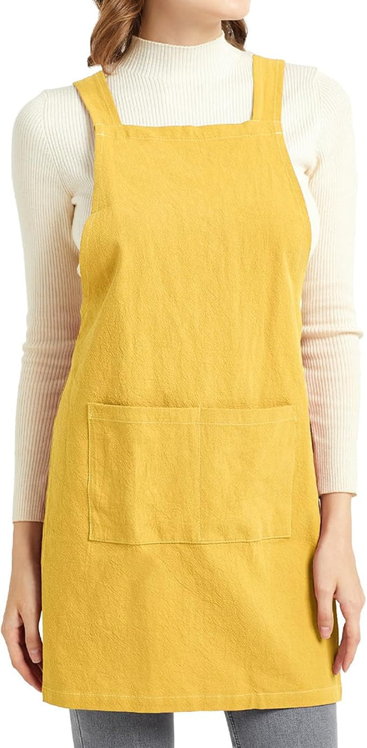 ELEZAY Aprons for Women with Pockets Plus Size Comfort Cross Back No Tie Cotton Linen Apron Pinafore