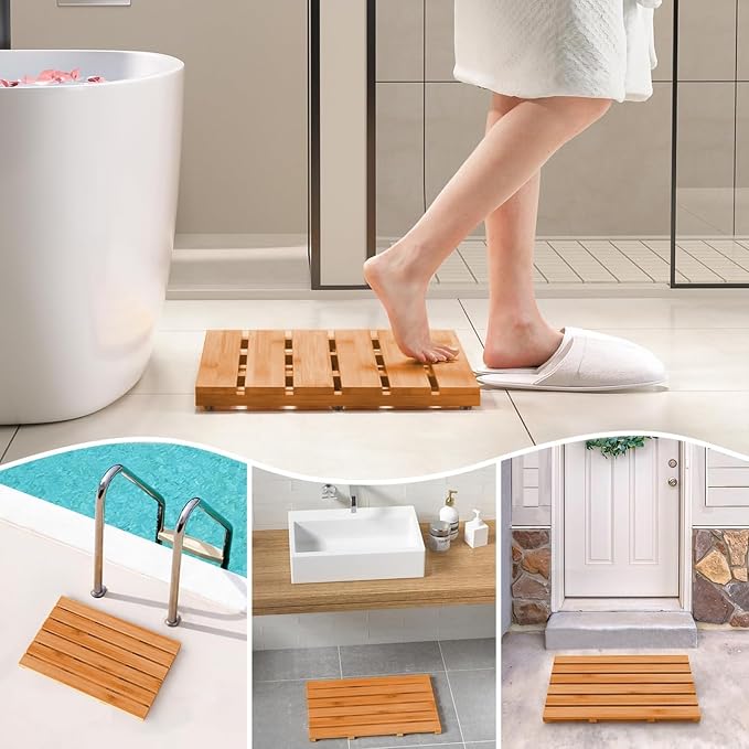 Waterproof Solid Wooden Shower Mat,Bathroom Bamboo Bath Mat,Natural Wooden Bath Mats,Duck Board,with Non Slip Feet, for Kitchen Bedroom Bathtub Doormat Pet Mats(W65xL95cm)