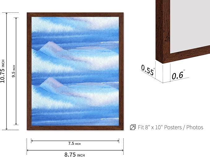 Monem Art Blue Watercolor Abstract Landscape Print - Minimalist Ocean Horizon Art Poster - Wall Decor for Living Room, Bedroom or Office - 8x10 Brown Framed Wall Art by Rs Lab Studio