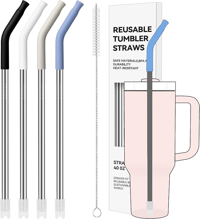 40 oz Straight Metal Straws for 40 oz Stanley Tumbler | 6 Pcs Stainless Steel Reusable Drinking Metal Straw with Colourful Silicone Tips,Straw for Glass Cups, BPA FREE