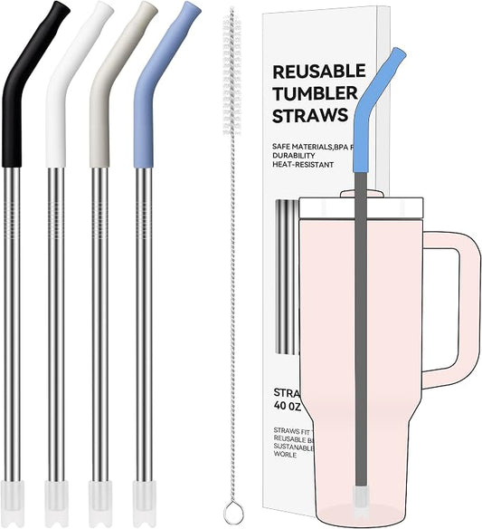 40 oz Straight Metal Straws for 40 oz Stanley Tumbler | 6 Pcs Stainless Steel Reusable Drinking Metal Straw with Colourful Silicone Tips,Straw for Glass Cups, BPA FREE