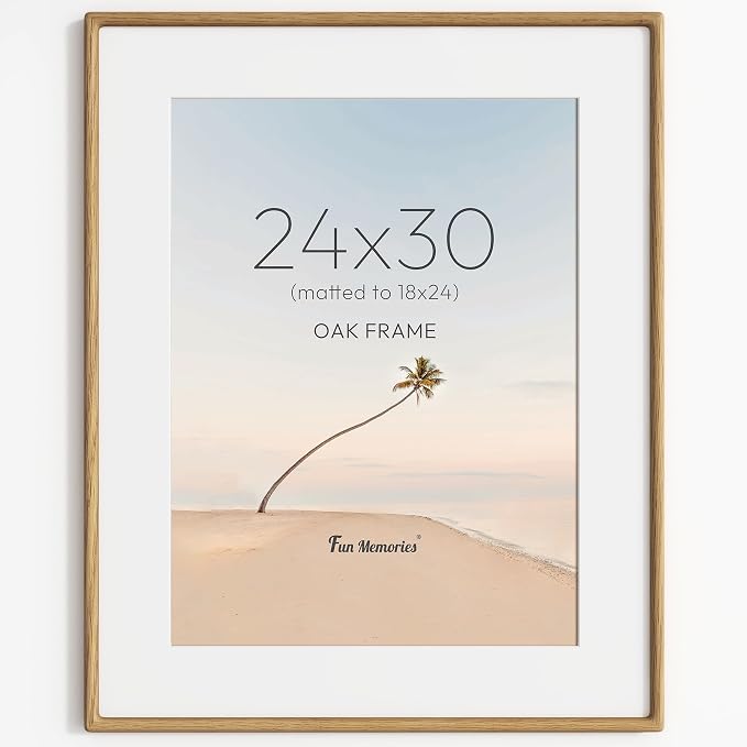 24x30 Poster Frame, USA-Sourced Oak Wood Frame Wall Mounted, 24x30 Picture Frame with Real Glass, 24 x 30 Picture Frame Matted to 18x24 Photo for Vertical & Horizontal Hanging, 1 Pack