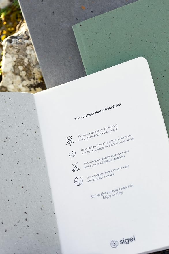 Sigel RU103 Re-Up Recycled Notebook, Lined, Thick 100 g Paper, Approx. A5, Green, Soft Cover, 100 Pages, Vegan - Cover of Coffee Bean Shells, Pages Made of Cotton Scraps
