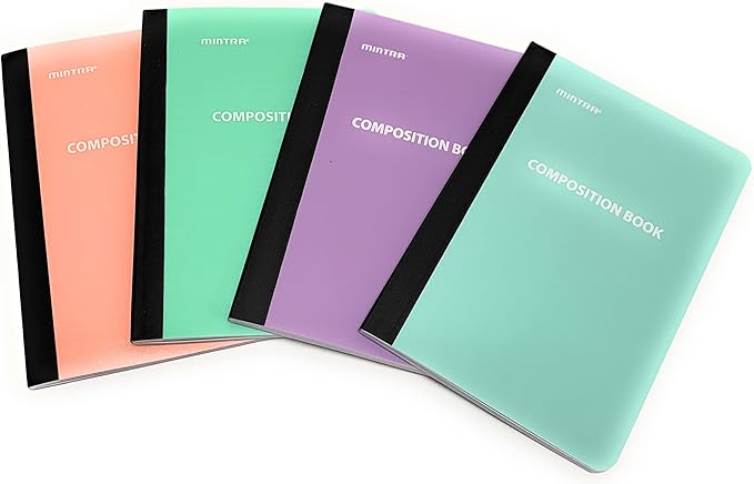 Mintra Office Poly Composition Book (5in x 7in, Pastel) - 4 Pack, 4 Colors, 80 Sheets, Narrow Ruled, Small Flexible Pocket Notebook for Writing, Notes, Journal