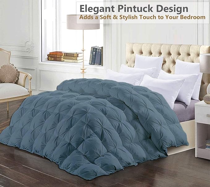 Grand Size Down Alternative Comforter 106x106 Inch Steel Blue – 500 GSM Ultra Soft Breathable, Luxury Pintuck Pinch Pleat, All Season Duvet Insert with Corner Tabs, Machine Washable