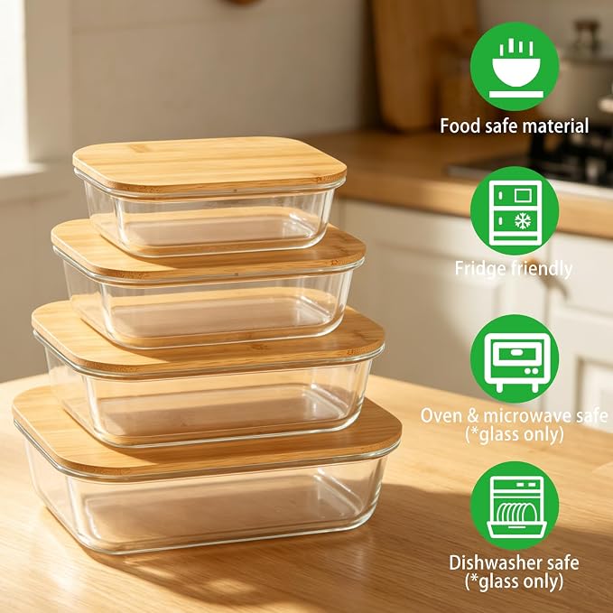 4 Pcs Glass Food Storage Containers with Lids, Meal Prep Containers Glass Set with Bamboo Lids, Silicone Seals, Rectangular Kitchen Set for Lunch, Fridge and Pantry