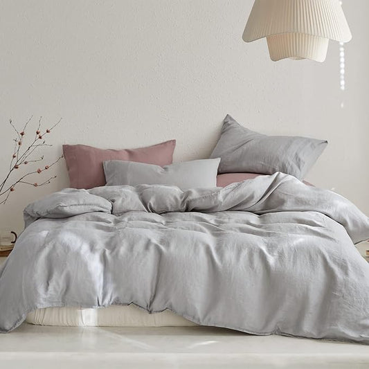 TOSMO Linen Duvet Cover Set, 100% French Flax Natural Linen Bedding 3pcs Set, Soft Breathable for Hot Sleepers 1 Duvet Cover and 2 Pillowcases (Light Grey, Queen)