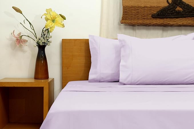 Organic Cotton Long Staple Silky Soft Single Pick Sateen Bed Sheet Set - Luxurious & Premium Hotel Quality - GOTS Certified - Solid Dyed (Lavender, Queen (U.S. Standard))