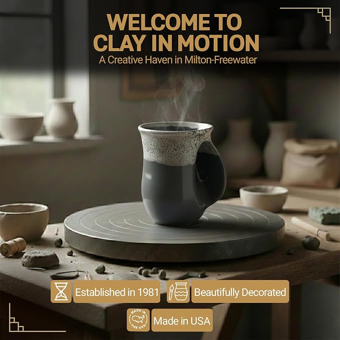 Clay in Motion Hand Warmer Coffee Mug – Handmade Coffee Mug With Comfortable Handle Contoured Pocket Hand Warming Ceramic Coffee Mug – Proudly Made in USA – Right Handed – 14 Oz - Snowcap