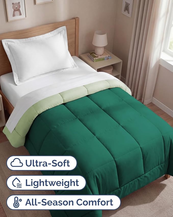 Twin Size, Emerald/Light Sage Green Alternative Down Comforter - Warm & Breathable Hotel Quality Bedding for Men, Women, Kids & Teens - All Season Oversized Cooling Microfiber Duvet Insert Comforter