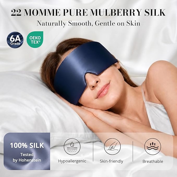 22 Momme Pure Mulberry Silk Sleep Mask, 3D Contoured Cup Eye Mask for Sleeping, Super Soft Breathable Blindfold with Adjustable Strap, Perfect Blocks Light for All Night Sleep, Blue