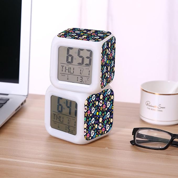 Digital Alarm Clock,Skull with Flowers 7 Color Change LED Digital Alarm Clock with Date Thermometer for Toddlers,Girls and Boys