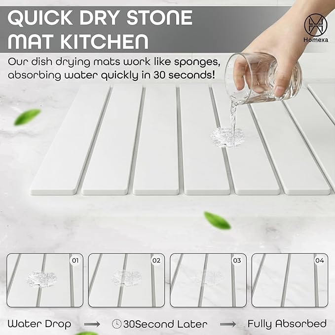 Stone Dish Drying Mat 24" x 16" – Dish Drying Stone Mat – Large Diatomaceous Earth Drying Mat with Non-Slip Base – Quick Dry Kitchen Drying Pad for Dishes, Glassware & Bottles (Solid White)