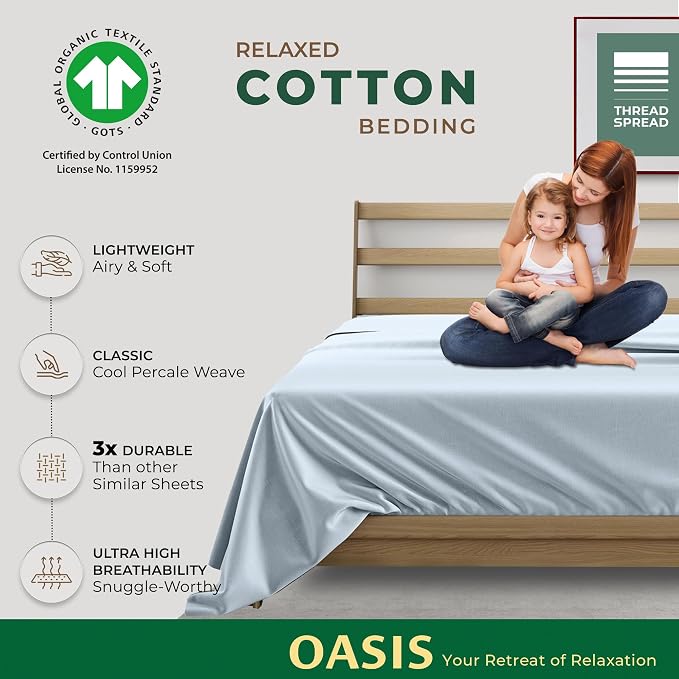 THREAD SPREAD 100% Organic Cotton Percale Flat Sheet Twin XL Size - 1 PC Flat Sheet, Light Blue - Crisp, Cool and Strong Bed Linen, Top Sheets for Hot Sleepers, Luxury Breathable GOTS Certified Sheets