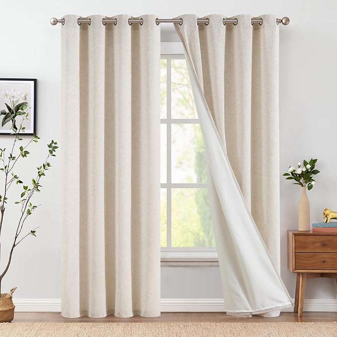 jinchan Linen Lined Curtains for Bedroom 84 Inch Length 2 Panels Set Beige Room Darkening Curtains for Living Room Bathroom Privacy Partition Drapes Farmhouse Grommet Thermal Insulated Drapes 50 Wide