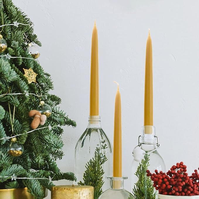10 inch Natural Beeswax Taper Candles Set of 12, DEYBBY Smokeless and Dripless Organic Natural Beeswax Candles for Home Dinner Decor Emergency Housewarming Gift, 8-9 Hrs Burning, Nontoxic