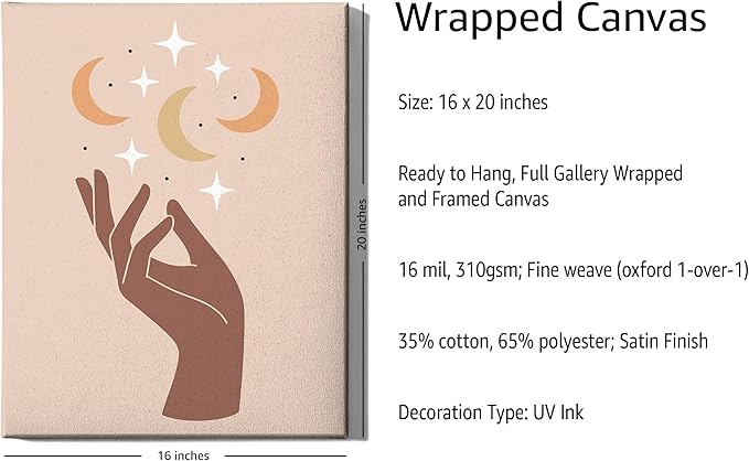 Mystical Hand Wrapped Canvas Wall Art Celestial Moon and Stars Earth Tones Terracotta 16x20 Inch Gallery Stretched Modern Spiritual Home Art Decor