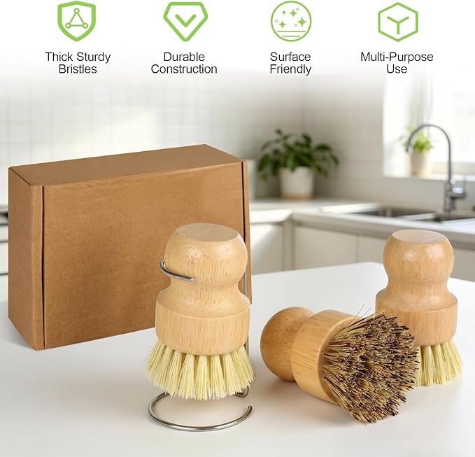Bamboo Dish Brush Set with Holder, 2 Sisal Dish Brushes & 1 Palm Scrub Brush, Natural Kitchen Scrub Brush for Dishes, Pots, Pans, Sink