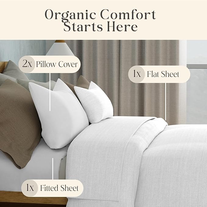 Delilah Home 100% Organic Cotton King Flat Sheet Set, GOTS & Vegan.org Verified, Long Stem 300 TC Sateen Bedding, Non-Synthetic, Deep Pocket Fitted Linen, Lightweight, All-Season, 4 Piece Set - White