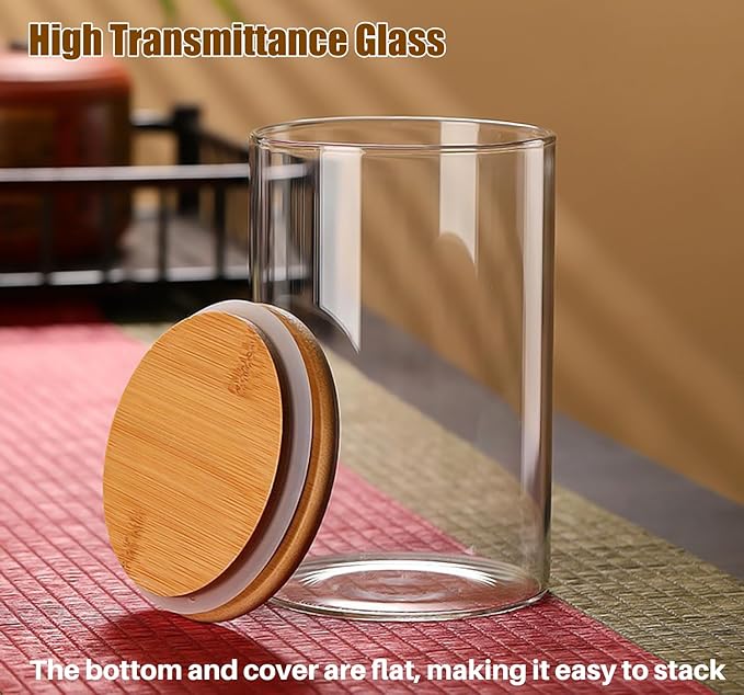 Glass Food Storage Jars with Airtight Lids, Clear Glass Jar with Bamboo Lid, Airtight Food Canister for Tea, Candy, Coffee, Sugar, Cookie, Snack. (Round | 5+6 Inch | 33+17 oz)
