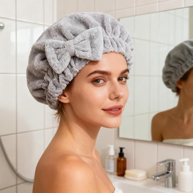 HOPESHINE Microfiber Hair Towel Cap for Women Wet Short or Long Curly Hair Super Absorbent Quick Dry Turbans Anti Frizz Great Gift for Women and Girls (Blue+Grey, 2)