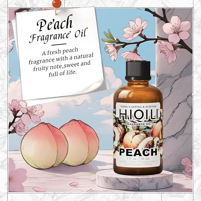 HIQILI Peach Fragrance Oil for Home Diffuser, Body Spray - 1 Fl Oz | DIY Candle, Linen & Room Freshener Spray Making, Long-Lasting Scent Juicy Fruit Scent, Pet Safe, Graduated Dropper Included