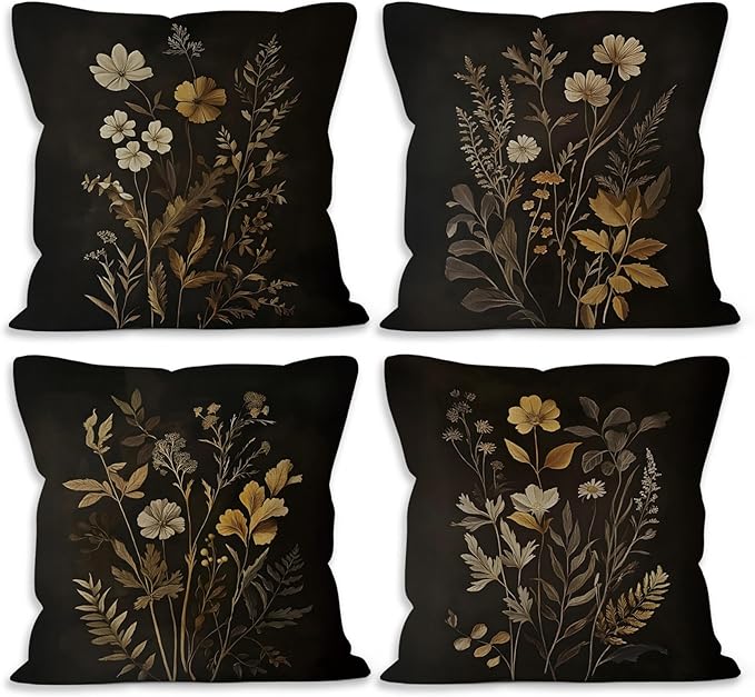 Dark Academia Cottagecore Botanical Throw Pillow Covers 18x18 Set of 4, Vintage Fall Moody Floral Wildflower Decor Pillow Cases for Bedroom Living Room, Rustic Farmhouse Pillowcases for Couch