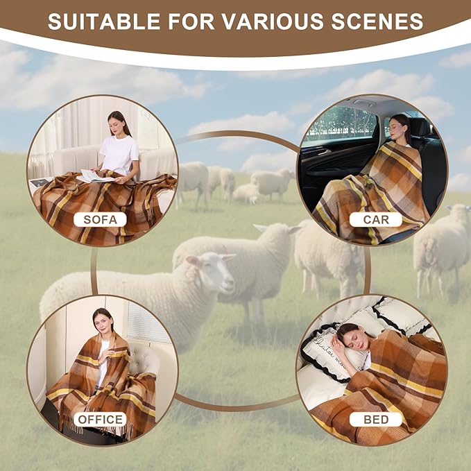100% Wool Blanket Throw,Brown Plaid Wool Blanket with Compact Bag,Rustic Soft Lightweight Blanket for Couch,Sofa,Bed & Lounging Decoration, Warm Travel Blanket for Home, Airplane,Ideal Gifts 55"x83"
