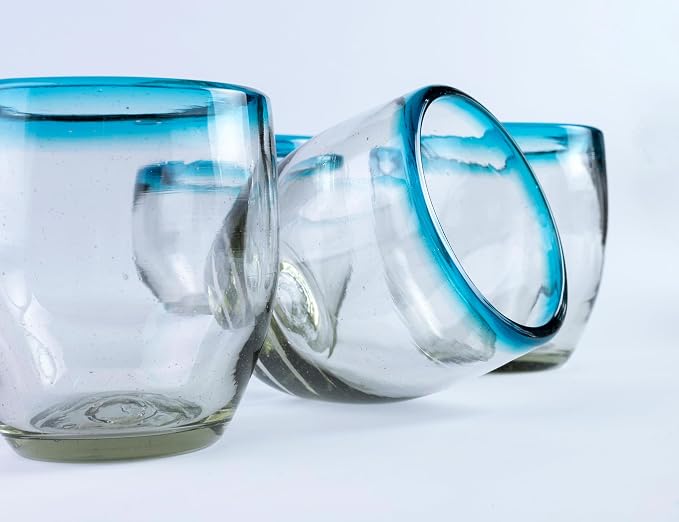9 oz Hand Blown Mexican Drinking Glasses - Set of 6, 9 fl oz each, Aqua Rim