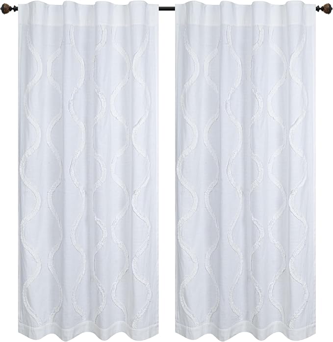 Bedding Craft White Farmhouse Tab Top Curtains 96 Inch Long – Set of 2 Cotton Semi Sheer Light Filtering Drapes with Frill Trim, Rustic Boho Window Curtains for Living Room Bedroom