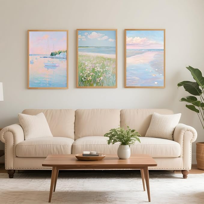 Coastal Pink Wall Art Set of 3 Maximalist Ocean & Beach Landscape Canvas Poster Trendy Sailboats Flowers Sunset Painting Pastel Picture Prints for Bedroom Home Decor 8x12inch Wooden Framed