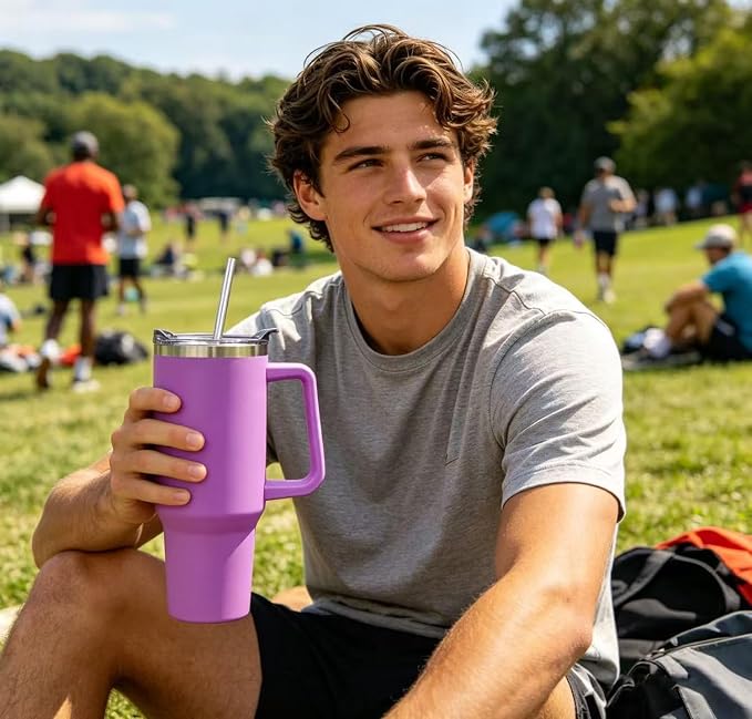SYACOT 40 oz Tumbler with Handle and Straw Stainless Steel Insulated Tumbler Leak Proof Lid and Straw Lid Reusable Travel Mug Coffee Mug Cup Dishwasher Safe Keep Drinks Cold and Hot (Lilac)