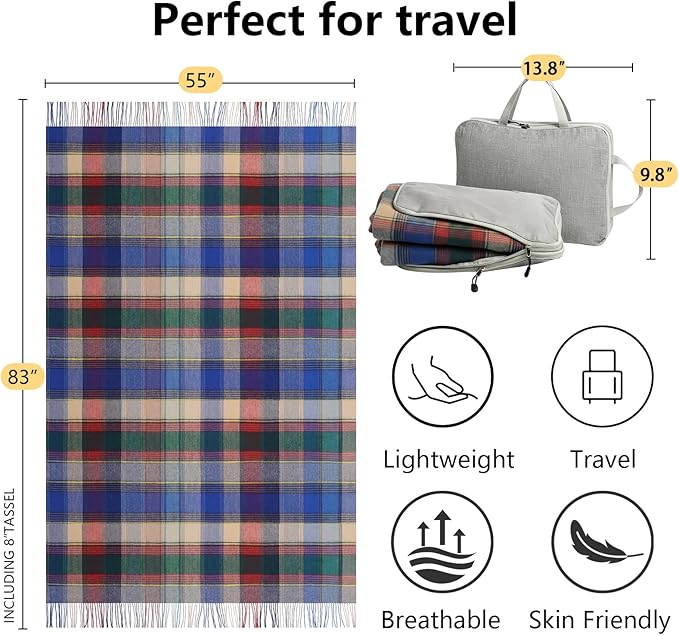 100% Wool Blanket Throw,Blue Plaid Wool Blanket with Compact Bag,Rustic Soft Lightweight Blanket for Couch,Sofa,Bed & Lounging Decoration, Warm Travel Blanket for Home, Airplane,Ideal Gifts 55"x83"